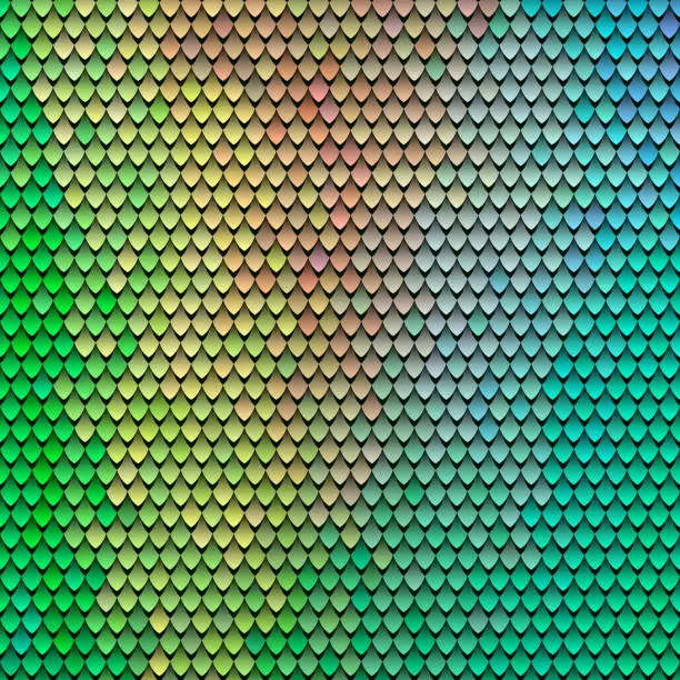 Vector illustration of Scaly pattern. Scales of the fairy dragon. Rainbow blue green background