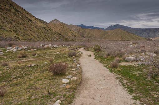 A sand and gravel footpath through a desert landscape in southern California near Palm Springs.  Image captured in the Whitewater Preserve on a cloudy day.  The path is used for recreational hiking.