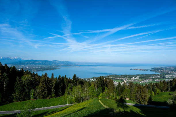 panoramic view over the lake constance to lindau in Germany panoramic view of the lake constance bodensee stock pictures, royalty-free photos & images