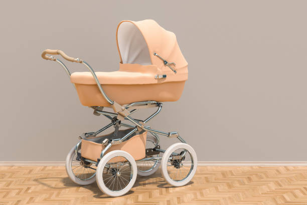 Baby stroller in room on the wooden floor, 3D rendering
