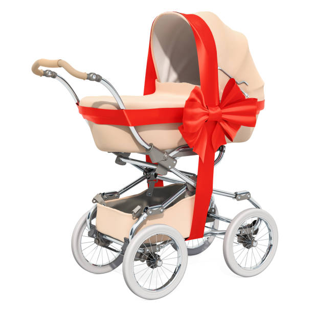 Baby stroller with bow and ribbon, gift concept. 3D rendering isolated on white background