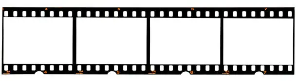 Photo of real 35mm film strip on white, analogue photo frame placeholder