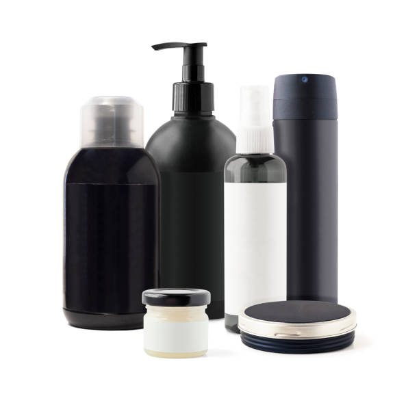 Cosmetics in black jars and containers