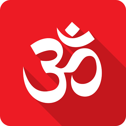 Vector illustration of a red om icon in flat style.