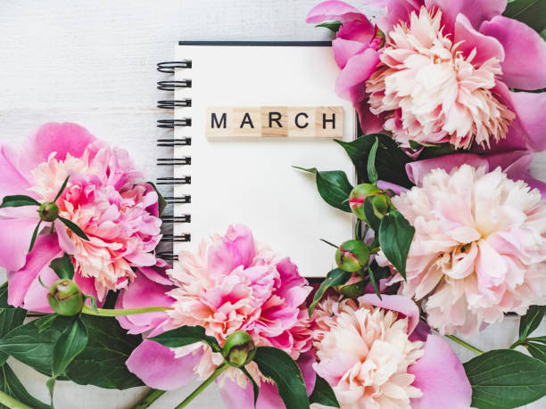 istock Beautiful greeting card with the word MARCH 1127840630