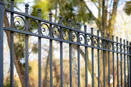 Beautiful decorative cast metal wrought fence with artistic forging. Iron guardrail close up.