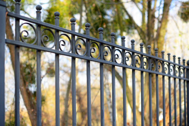 beautiful decorativo elenco cerca de metal forjada com fundição artística. guard-rail ferro close-up. - iron fence - fotografias e filmes do acervo