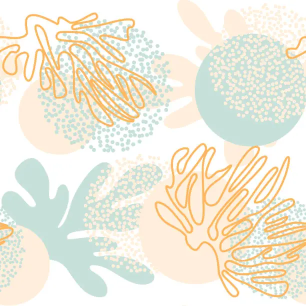 Vector illustration of Cute pastel pattern on the marine theme with circles, dots and hand drawn sea elements on white background