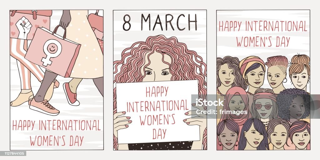 Three postcards for international women's day Set of three hand drawn posters or postcards for international women's day, showing portraits of diverse women Triptych stock vector