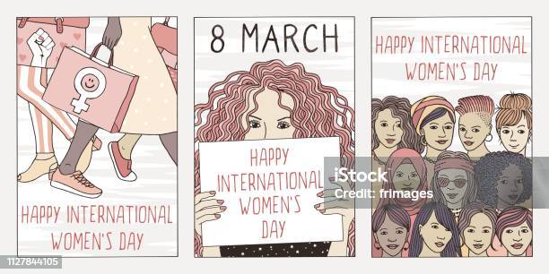 Three Postcards For International Womens Day Stock Illustration - Download Image Now - Triptych, Women, Diversity