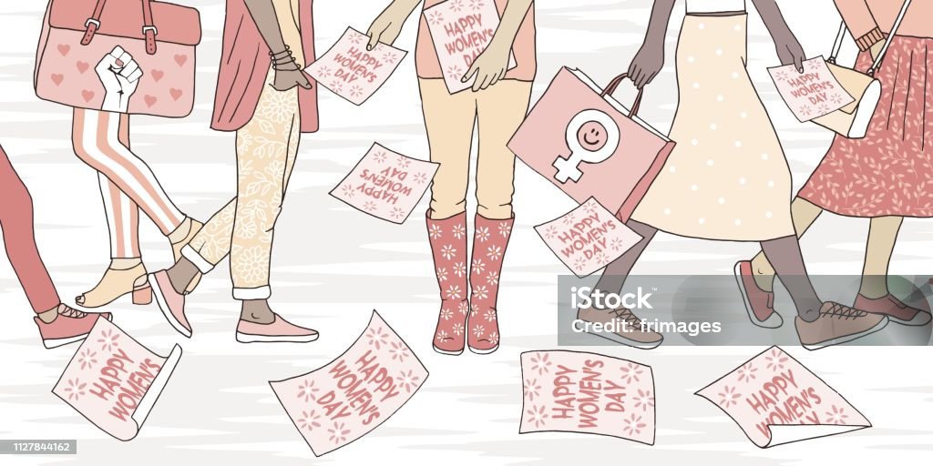 Young women walking in the street on international women's day Illustration of young women walking in the street on international women's day, girl distributing flyers that say "happy women's day" Computer Graphic stock vector