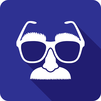 Vector illustration of a blue disguise icon with fake nose, mustache and glasses in flat style.