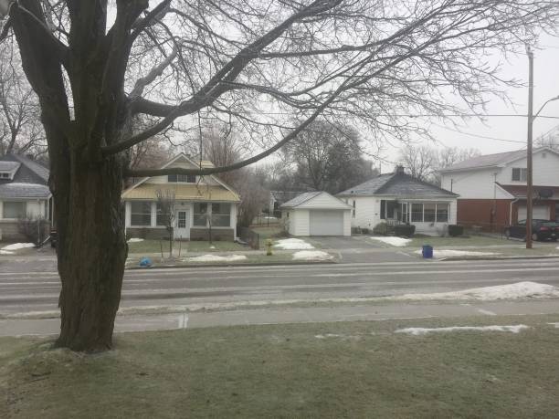 istock Generic houses on a gloomy day with ice covering the houses and toad 1127845914