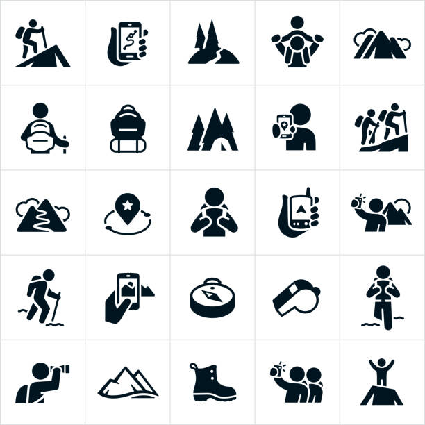 ilustraciones, imágenes clip art, dibujos animados e iconos de stock de senderismo los iconos - mountain footpath hiking backpacker