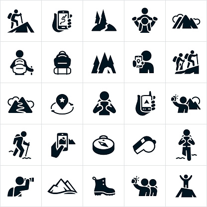 A set of hiking icons. The icons include hikers hiking, GPS devices, nature trails, mountains, backpack, camping, taking pictures of scenery, compass, whistle, viewing scenery with binoculars, hiking boot and summiting a mountain to name a few.