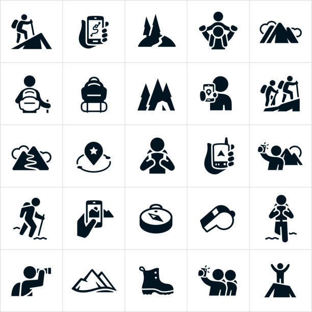 Hiking Icons A set of hiking icons. The icons include hikers hiking, GPS devices, nature trails, mountains, backpack, camping, taking pictures of scenery, compass, whistle, viewing scenery with binoculars, hiking boot and summiting a mountain to name a few. camping symbols stock illustrations