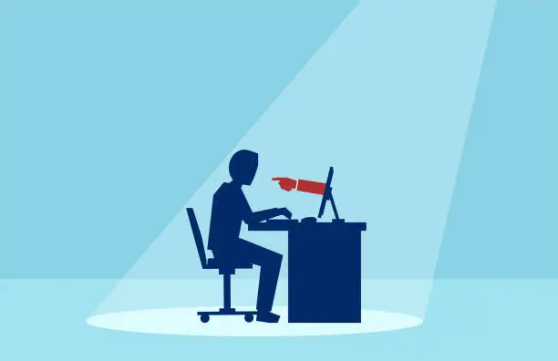 Vector illustration of Vector of a business man working on computer with red hand finger pointing at him