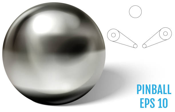 Steel pinball ball on white surface realistic vector Silver or chrome pinball ball isolated on white background. Spherical 3D sphere with glares and highlights for decoration. Jewellery gemstone. Vector Illustration. pinball machine stock illustrations