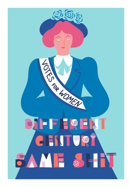 Vector card Vector card for women's day 8 march with a suffragette and lettering "Different century - same shit" us constitution stock illustrations