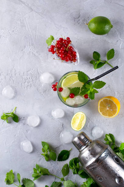 istock Cocktail shaker, lemon, lime, mint leaves , red currant  and  ice  for preparing a summer cocktail 1127852340