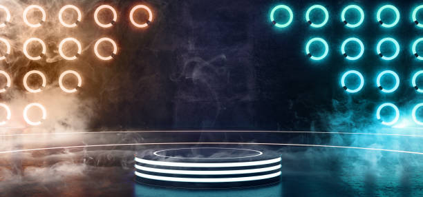 istock Sci Fi Modern Alien Neon Glowing Orange Blue White Stage Podium Circle Shaped With Smoke And Fog On Dark Grunge Concrete Circle Room Vibrant 3D Rendering 1127853510