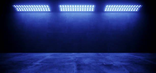 istock Sci Fi Modern Elegant Futuristic Cyber Neon Led Studio Big Panel Lights Blue Glowing Lights On Dark Empty Grunge Concrete Room Background Stage 3D Rendering 1127853856
