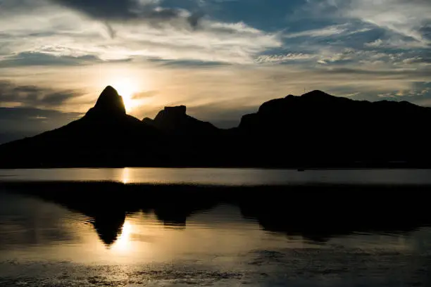 Sunset on the Rodrigo de Freitas Lagoon in the southern zone of Rio de Janeiro, Brazil attracts tourists from all over the world and locals to watch this spectacle of nature