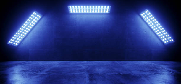 istock Sci Fi Modern Elegant Futuristic Cyber Neon Led Studio Big Panel Lights Blue Glowing Lights On Dark Empty Grunge Concrete Room Background Stage 3D Rendering 1127854127