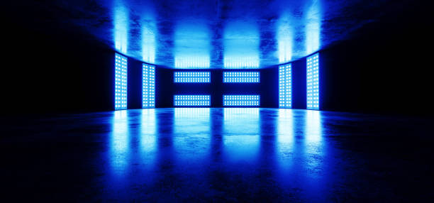 istock Sci Fi Futuristic Neon Led Laser Glowing Modern Elegant Empty Dark Vibrant Blue Glowing Stage Podium Lights On Reflective Grunge Concrete Tunnel Corridor Club Room 3D Rendering 1127854193