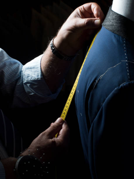 Man Measuring Jacket on Male Dress stock photo