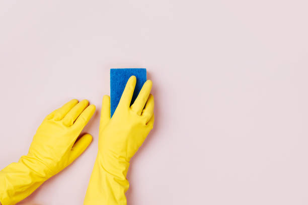 pulizia delle mani femminili con spugna su sfondo rosa. sfondo concetto di pulizia o pulizia. copiare lo spazio. lay piatto, vista dall'alto. - kitchen glove foto e immagini stock