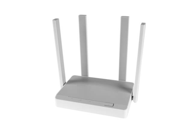 istock Wireless Wi-Fi router isolated on white background. wifi technology concept. White wireless internet router isolated. Cable modem with antenna isolated on white background. Indicator lights 1127858710