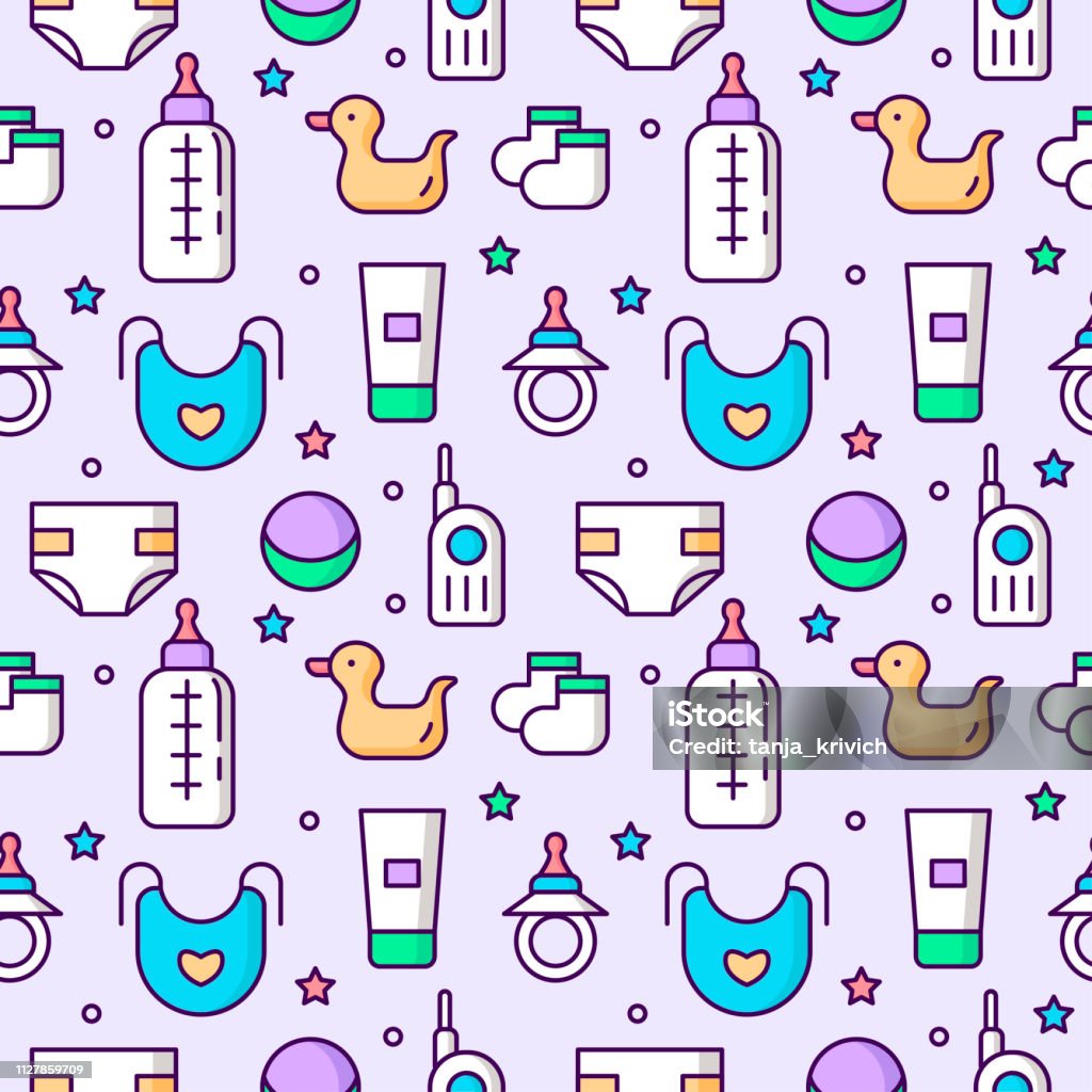 Seamless childrens pattern on a light flat line background. Seamless childrens pattern on a light flat line background. Accessories and toys for kids isolated. Bottle, nipple, etc. Vector illustration Animal Markings stock vector