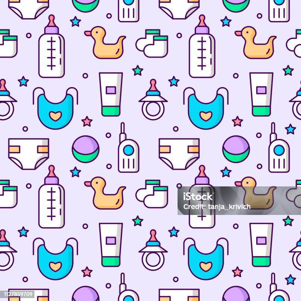 Seamless Childrens Pattern On A Light Flat Line Background Stock Illustration - Download Image Now