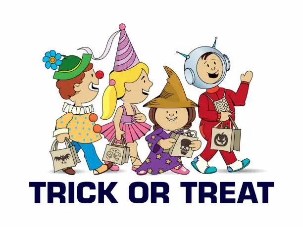 Vector illustration of Trick or treat - Children walking asking for candy - Halloween