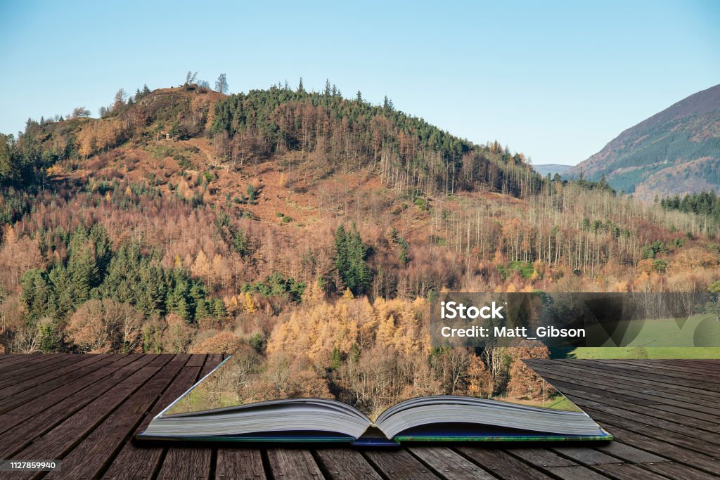 Beautiful Autumn Fall landscape image of the view from Catbells near Derwentwater in the Lake District with vivid Fall colors all around the contryside scene coming out of pages of open story book Stunning Autumn Fall landscape image of the view from Catbells near Derwentwater in the Lake District with vibrant Fall colors all around the contryside vista coming out of pages of open story book Autumn Stock Photo