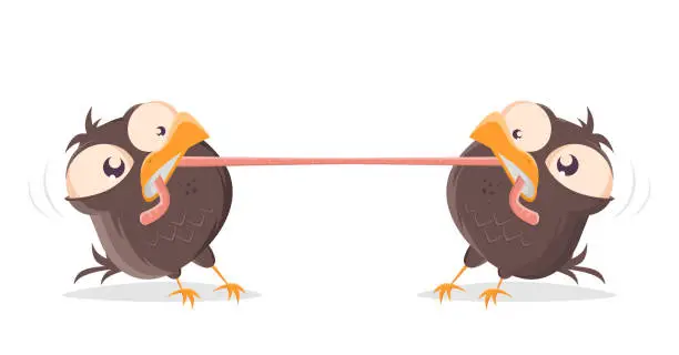 Vector illustration of funny cartoon birds fighting for a worm