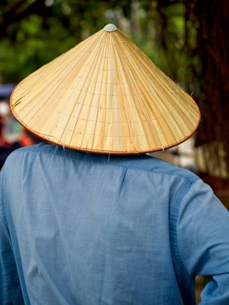 istock Vietnamese person dressed in blue wearing a typical conical hat viewed from behind 1127868601