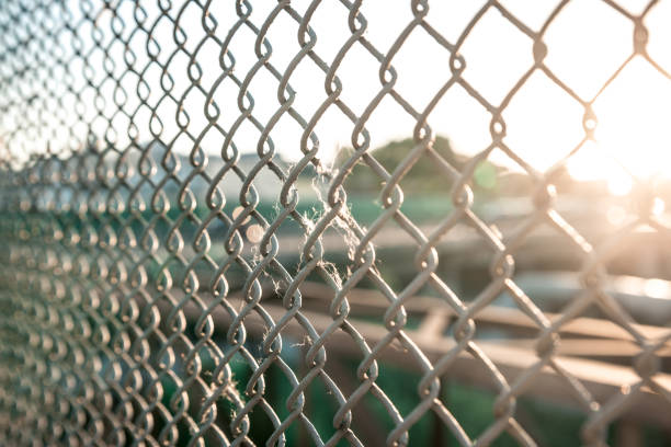 istock metal grid and blurred city on the background 1127875631