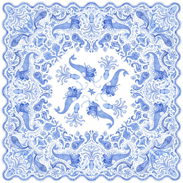 illustrations, cliparts, dessins animés et icônes de аbstract bleu sirène impression sur fond blanc. aquarelle peinte motif paisley, orner mignon pieuvre poissons dessinés à la main, animaux fantastiques de la mer. conception de bandana, écharpe, ornement de mouchoir, tee shirt décoration - backgrounds paisley pattern sea