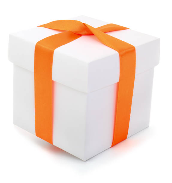 istock White gift box with orange ribbon. 1127877415