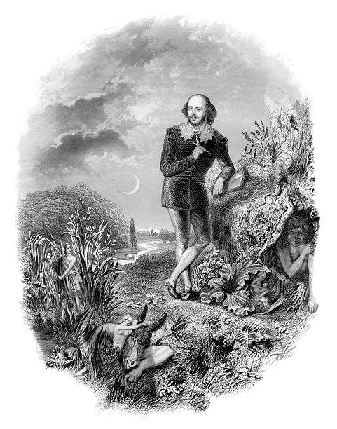 William Shakespeare in a Fantasy Scene  william shakespeare poet illustration and painting engraved image stock illustrations