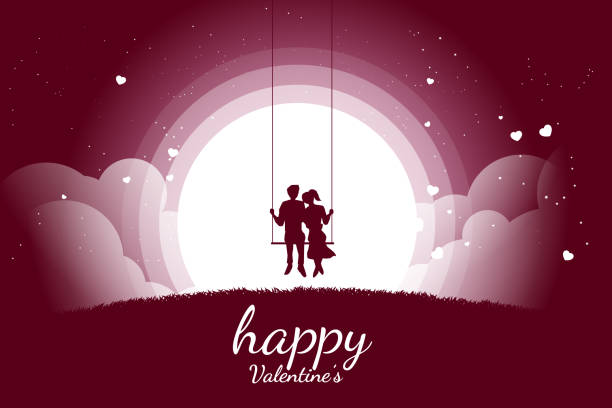 istock Lover couple sitting together on swing in romantic scene with flying heart background. 1127882120