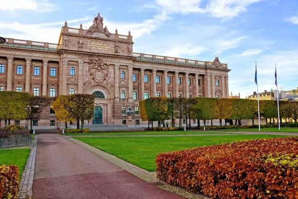 View of the Swedish Parliament building, the Riksdag under blue skies during autumn