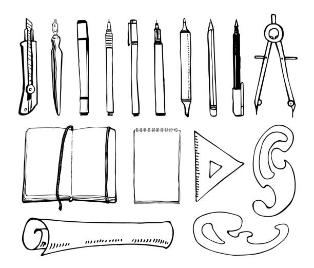 Drawing Tools Set Of Hand Drawn Sketch Vector Artist Materials Black And  White Stylized Illustration Isolated On White Background Pens Notebooks  Rulers Compass Stock Illustration - Download Image Now - iStock