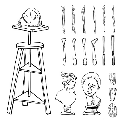 Set of hand drawn sketch vector sculptor artist materials. Black and white stylized illustration with tools - stacks, table, chisels and heads  isolated on white background