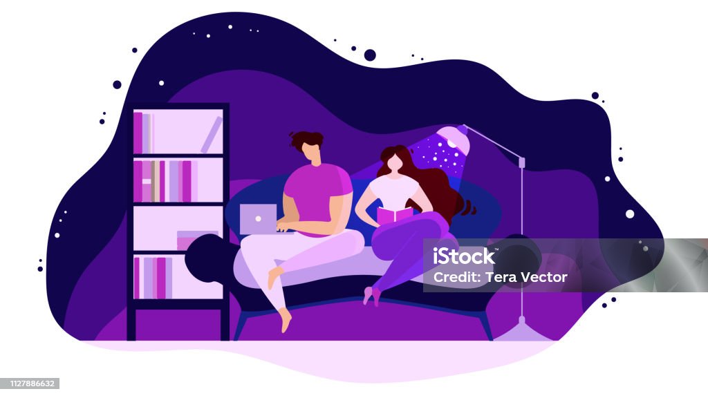 Couple Resting at Home in Evening Flat Vector Resting at Home in Evening Flat Vector Concept Isolated on White Background. Couple Sitting on Sofa in Living Room, Woman Reading Book, Man Surfing Online with Laptop Illustration. Day off leisure Laptop stock vector