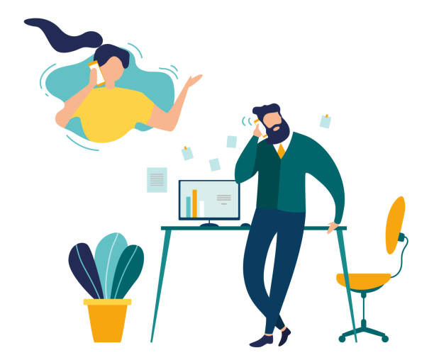 Supporting Clients on Phone Flat Vector Concept Phone Call from Office Flat Vector Concept. Businessman Talking with Woman on Phone, Employee Calling Wife During Break in Office, Company Manager Making Call to Client Illustration. Customer Support using phone illustrations stock illustrations