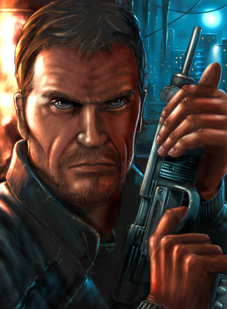 Digital Painting in Cover Style of Action Man holding Weapon Digital painting in cover style of action heroic man holding sub-machine gun with night city and explosion on background. scenery video stock illustrations
