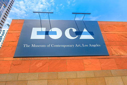 Los Angeles, California, United States - August 9, 2018: Moca signboard, Museum of Contemporary Art on Grand Avenue in downtown Los Angeles.